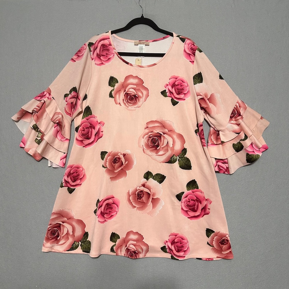 Karen-T Design Pink Rose Floral Ruffle‎ Bell Sleeve Tunic Top Plus Size 2X NWT